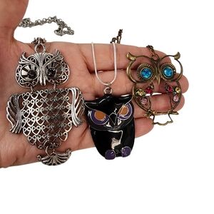Bundle of 3 Owl Pendant Necklaces Antique Silver Tone